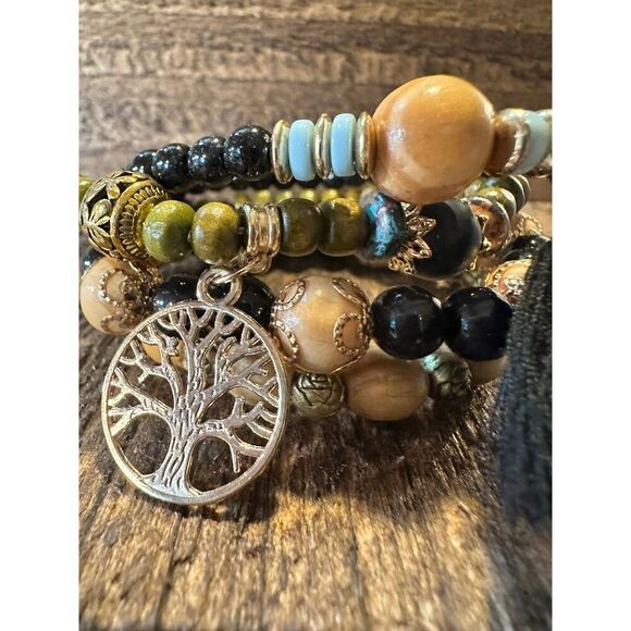 Boho Hippie Bracelet,‎ Tassel Tree Of Life Pendant Stacked Wooden Bead Stretch B - Picture 3 of 8